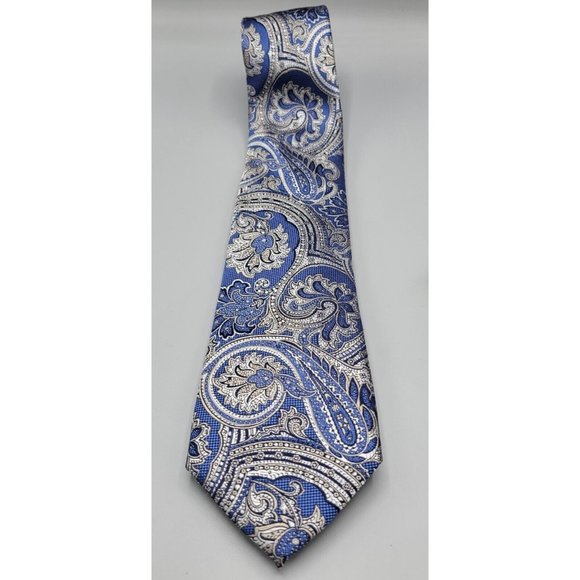 Tasso Elba Men's 100% Silk Tie Paisley Navy & Silver Textured ~  60 X 3 #E - Picture 1 of 6